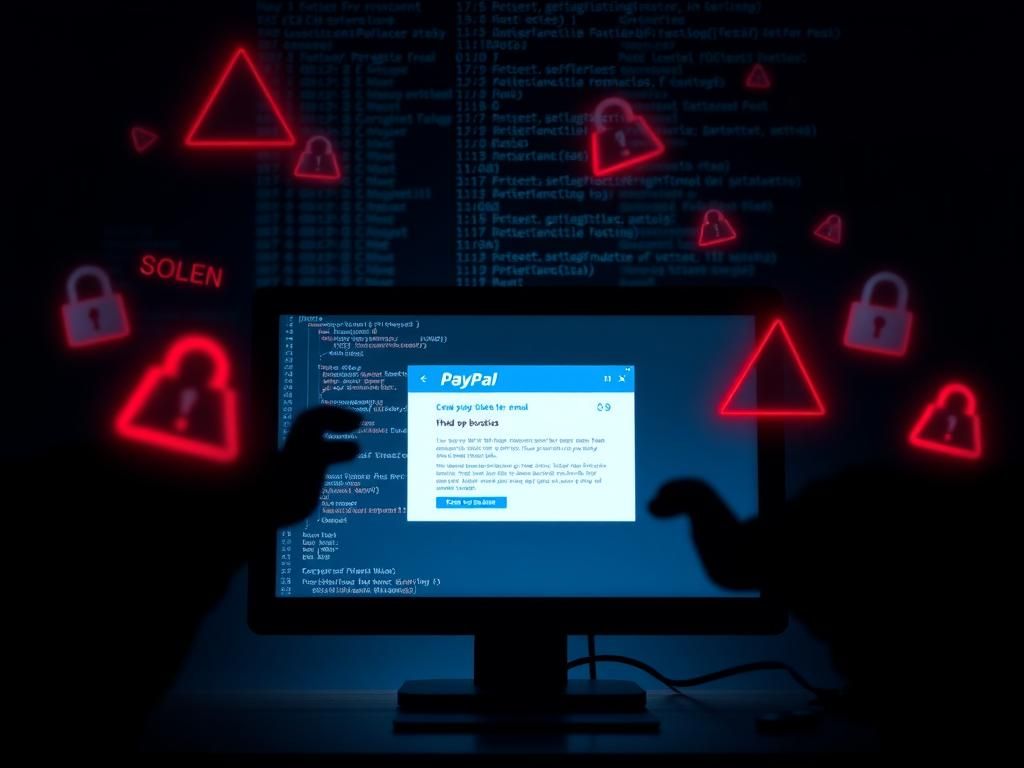 Flick International Dark computer screen showing a fake PayPal email warning about phishing scams