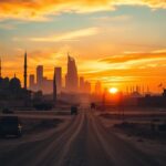 Flick International Dramatic Middle East skyline at sunset with architectural contrasts