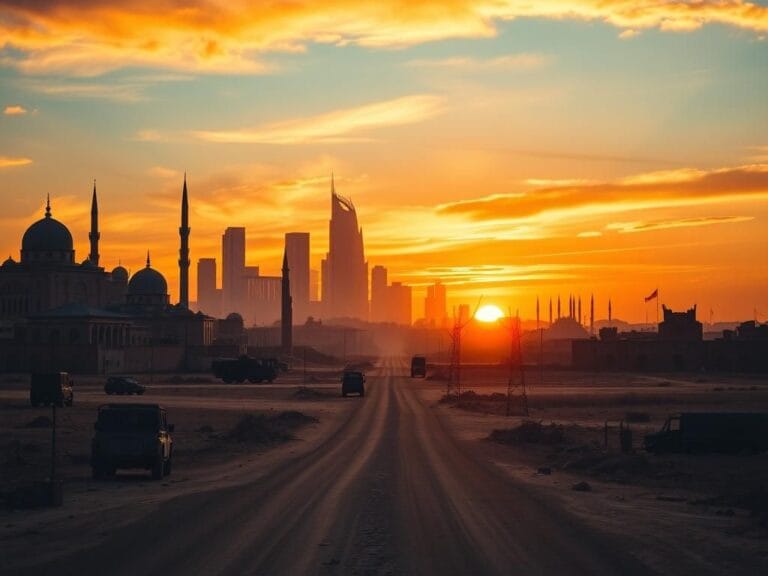 Flick International Dramatic Middle East skyline at sunset with architectural contrasts