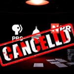 Flick International Empty darkened television studio set with PBS and NPR logos overshadowed by a red 'Cancel' stamp