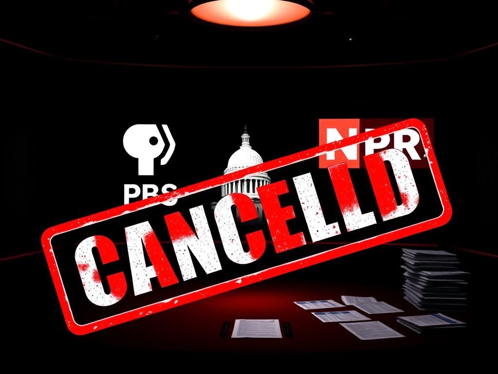 Flick International Empty darkened television studio set with PBS and NPR logos overshadowed by a red 'Cancel' stamp