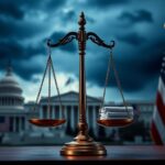 Flick International A dramatic courtroom scene with a balance scale symbolizing justice amidst government buildings