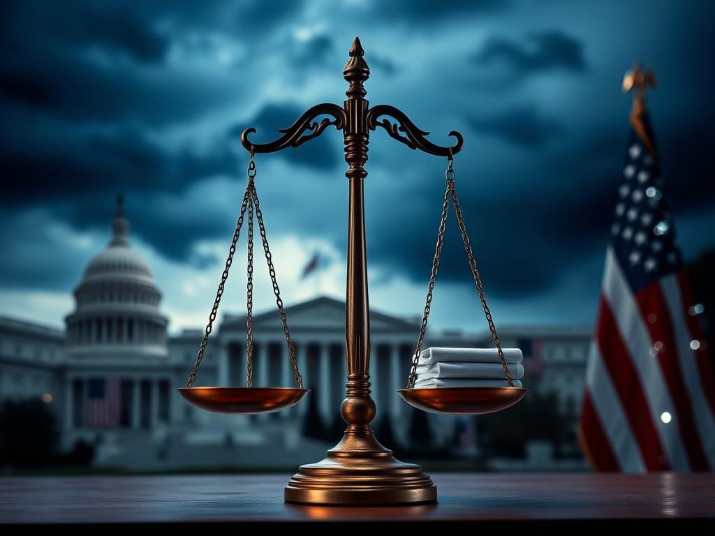 Flick International A dramatic courtroom scene with a balance scale symbolizing justice amidst government buildings