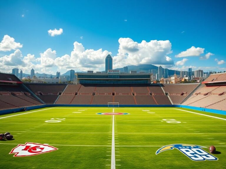 Flick International Vibrant sports stadium in São Paulo, Brazil with a football field and team jerseys laid out