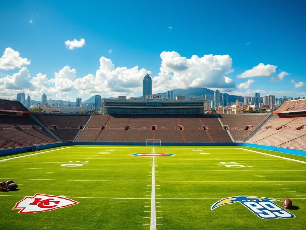 Flick International Vibrant sports stadium in São Paulo, Brazil with a football field and team jerseys laid out