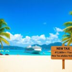 Flick International Serene view of a cruise ship docked at a picturesque Mexican port with sandy beach and palm trees