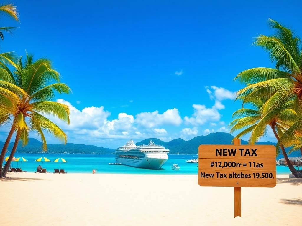 Flick International Serene view of a cruise ship docked at a picturesque Mexican port with sandy beach and palm trees