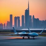Flick International Panoramic view of Doha's skyline at sunset with Boeing aircraft and MQ-9 drone