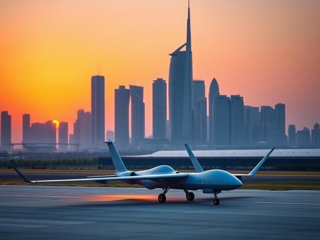 Flick International Panoramic view of Doha's skyline at sunset with Boeing aircraft and MQ-9 drone