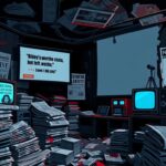 Flick International A dimly lit newspaper office filled with outdated newspapers and static television sets symbolizing the decline of traditional media credibility.
