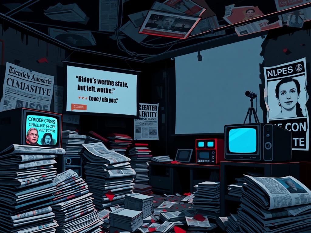 Flick International A dimly lit newspaper office filled with outdated newspapers and static television sets symbolizing the decline of traditional media credibility.