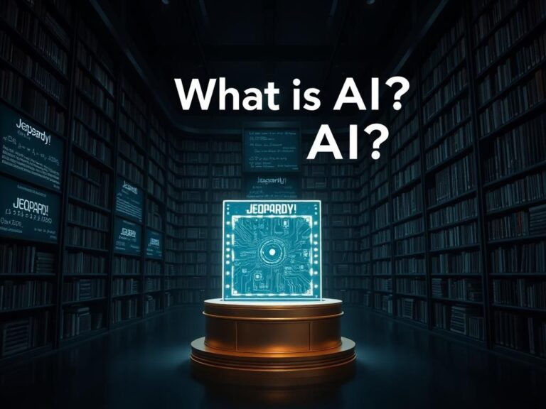 Flick International A futuristic library with a vintage Jeopardy podium and a holographic AI supercomputer