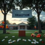 Flick International High school graduation scene with an empty podium and diploma scrolls on the grass