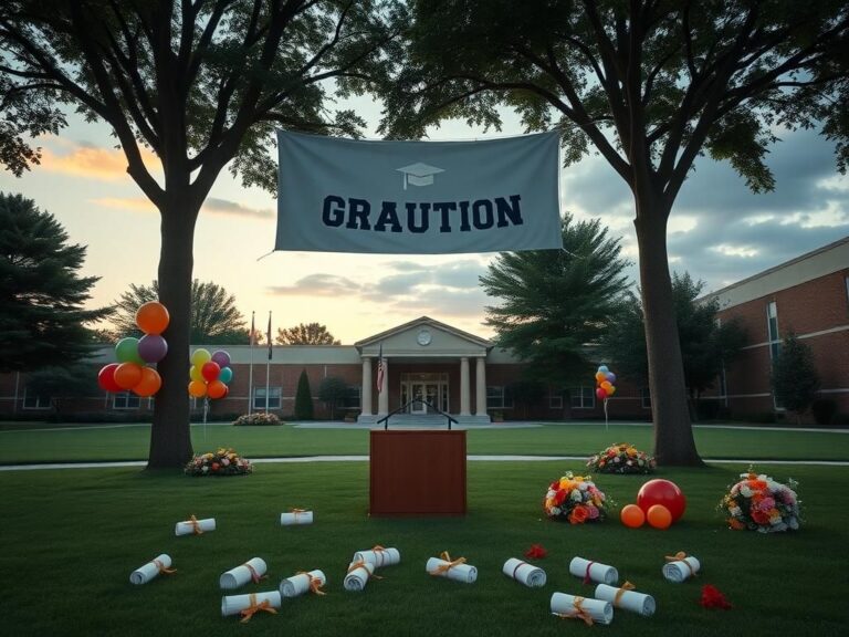 Flick International High school graduation scene with an empty podium and diploma scrolls on the grass