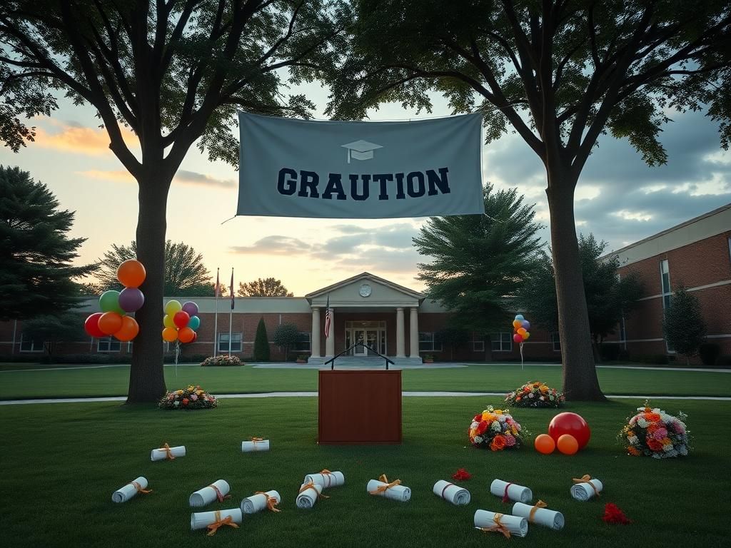 Flick International High school graduation scene with an empty podium and diploma scrolls on the grass