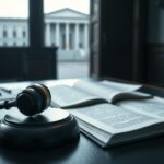 Flick International Dramatic courtroom scene with gavel, legal documents, and law book symbolizing justice
