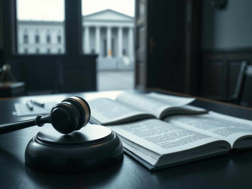 Flick International Dramatic courtroom scene with gavel, legal documents, and law book symbolizing justice