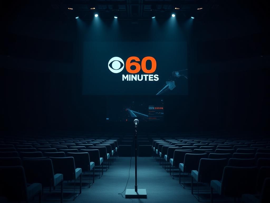 Flick International Dramatic auditorium setting with CBS's '60 Minutes' logo and solitary microphone