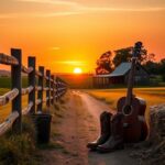 Flick International Serene sunset landscape with rustic farmhouse and cowboy boots