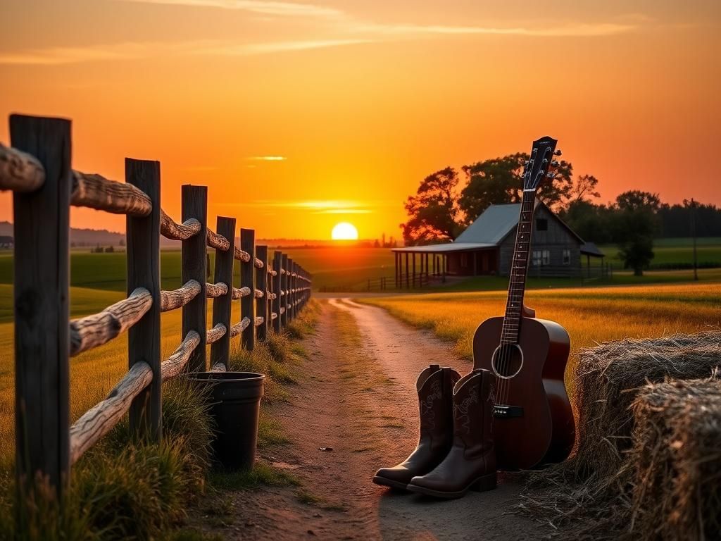 Flick International Serene sunset landscape with rustic farmhouse and cowboy boots