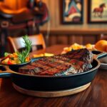 Flick International A perfectly cooked steak on a cast iron skillet with fresh rosemary and a colorful salad