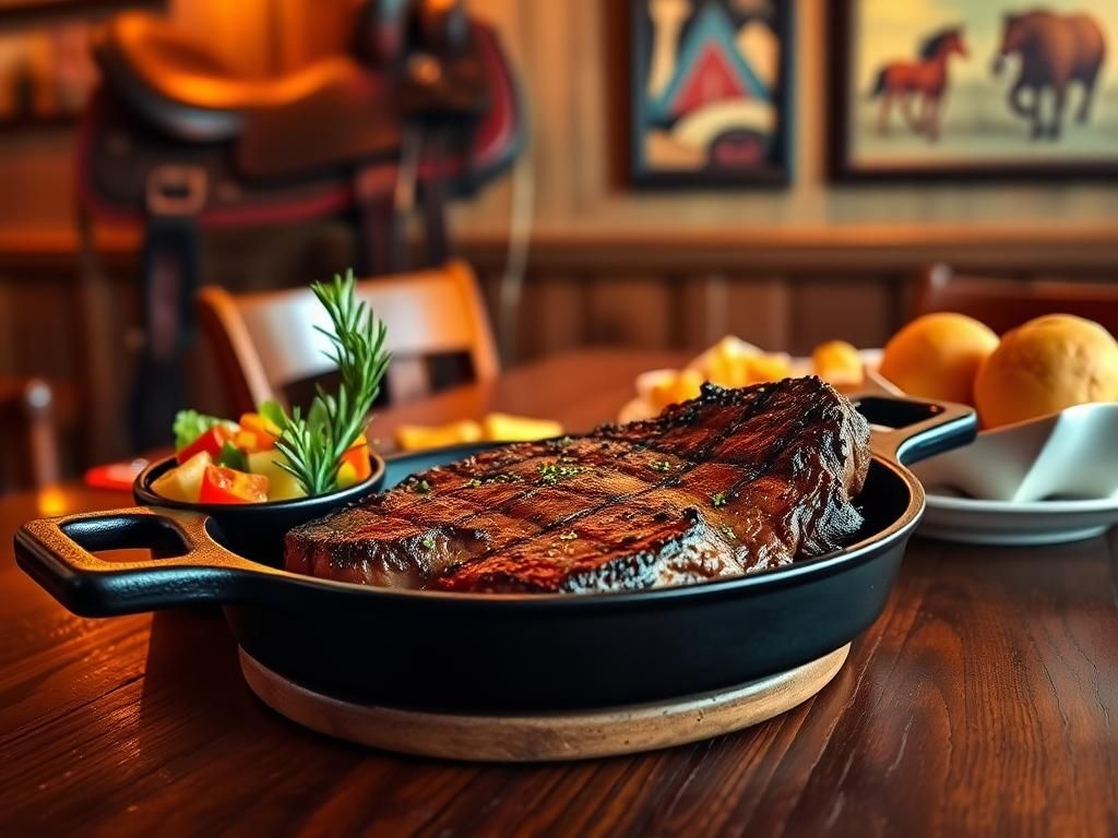 Flick International A perfectly cooked steak on a cast iron skillet with fresh rosemary and a colorful salad
