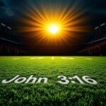 Flick International A textured football field displaying a faded 'John 3:16' message during a significant sports celebration.