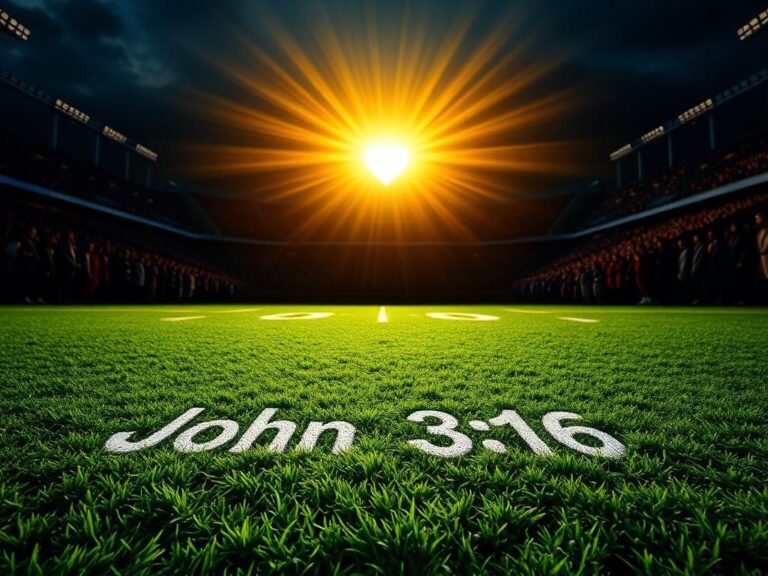 Flick International A textured football field displaying a faded 'John 3:16' message during a significant sports celebration.