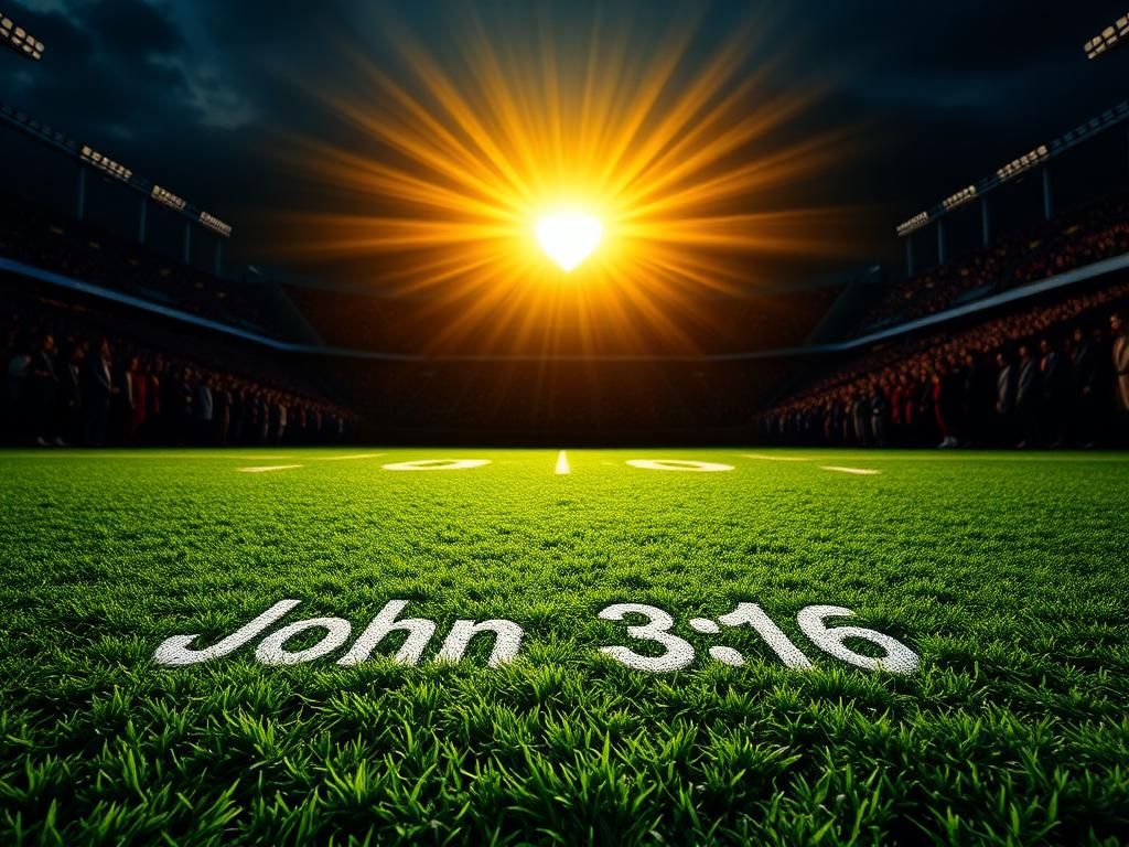 Flick International A textured football field displaying a faded 'John 3:16' message during a significant sports celebration.