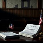 Flick International A dark courtroom scene with empty benches and a gavel symbolizing legal proceedings