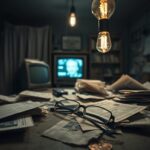 Flick International Close-up of a weathered desk with disorganized papers and a dimly lit room symbolizing introspection