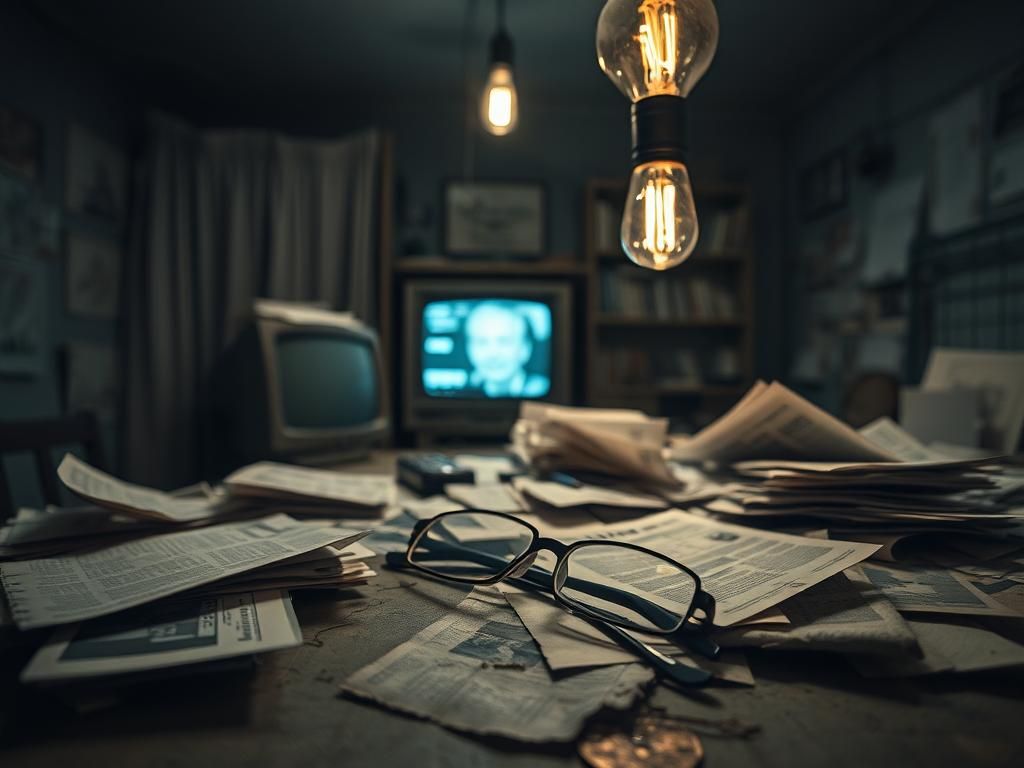 Flick International Close-up of a weathered desk with disorganized papers and a dimly lit room symbolizing introspection