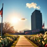 Flick International Majestic war memorial dedicated to World War II surrounded by spring flowers
