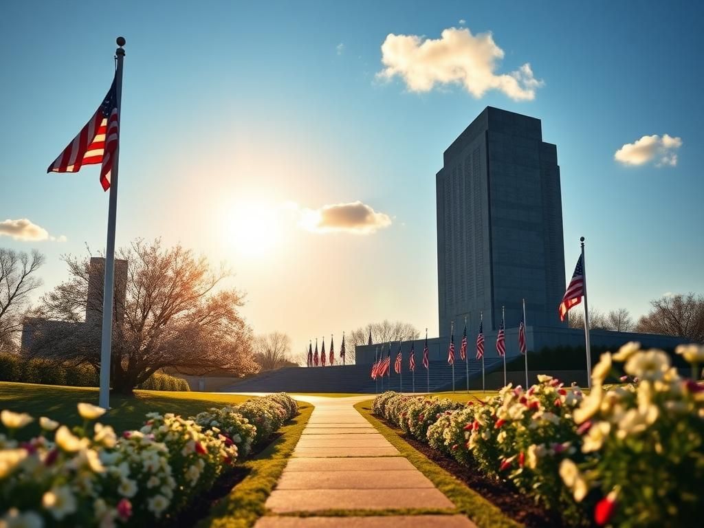 Flick International Majestic war memorial dedicated to World War II surrounded by spring flowers