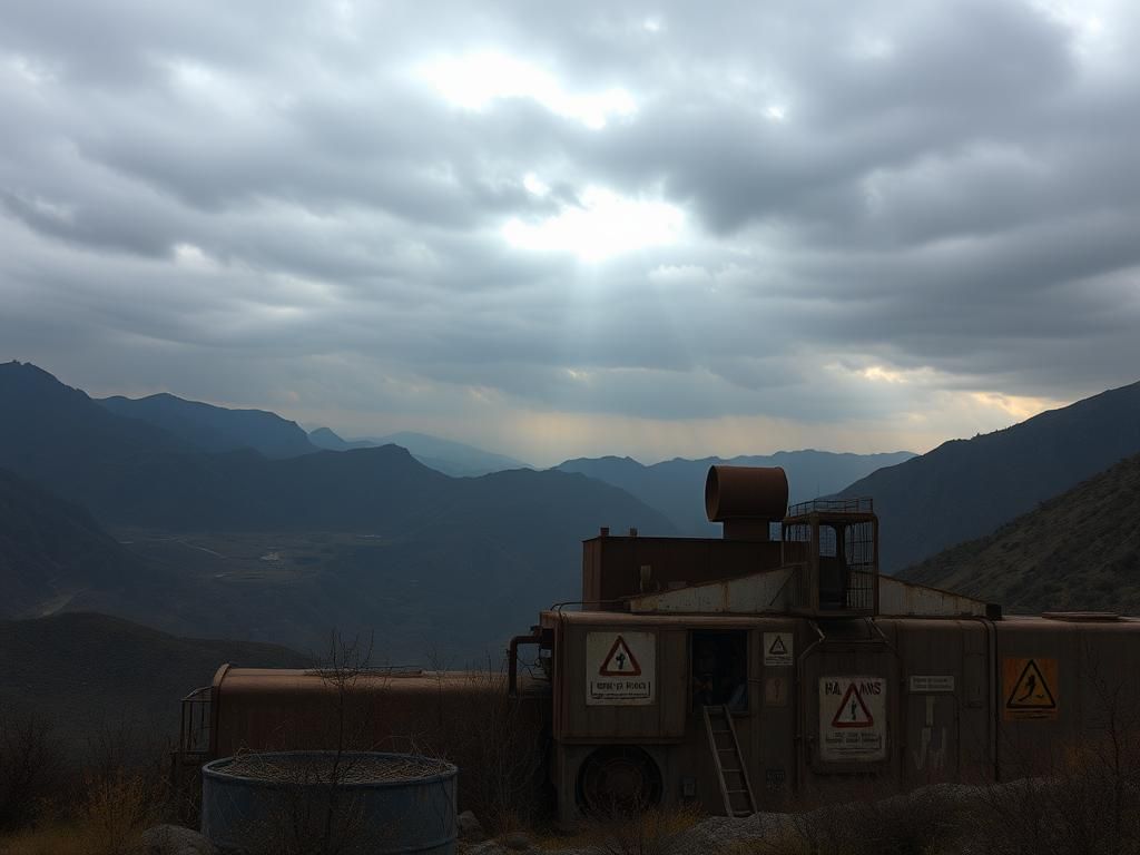 Flick International Abandoned nuclear facility in Iran's mountainous terrain under an overcast sky