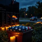 Flick International Polished black memorial wall with engraved names of fallen officers illuminated by candlelight