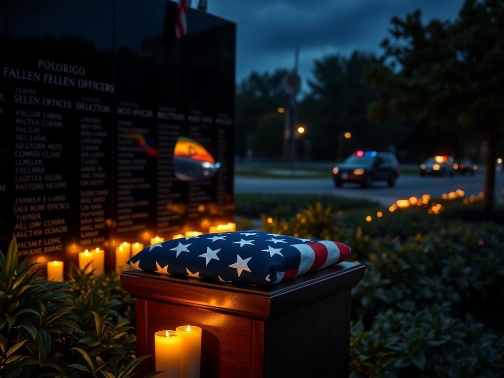Flick International Polished black memorial wall with engraved names of fallen officers illuminated by candlelight