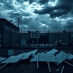 Flick International Exterior view of the ICE detention facility in Newark, New Jersey, featuring tall fences and barbed wire under a tumultuous sky.