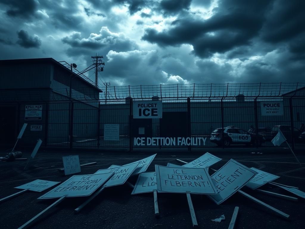 Flick International Exterior view of the ICE detention facility in Newark, New Jersey, featuring tall fences and barbed wire under a tumultuous sky.