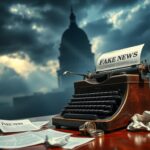Flick International vintage typewriter on desk with scattered crumpled papers about fake news