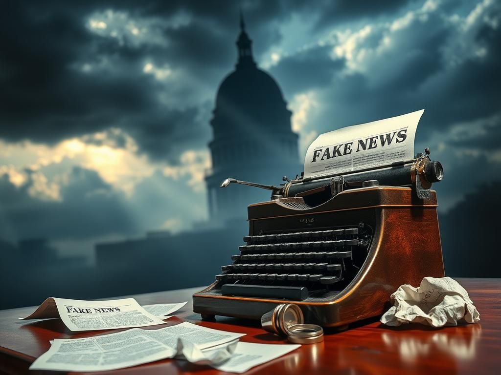 Flick International vintage typewriter on desk with scattered crumpled papers about fake news