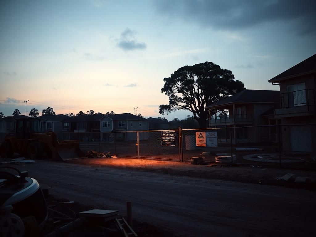 Flick International Construction site in Wildwood, Florida at dawn with various construction equipment and a tense atmosphere.