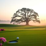 Flick International A serene dawn over Augusta National golf course showcasing vibrant azaleas and a solitary golf ball on the putting green