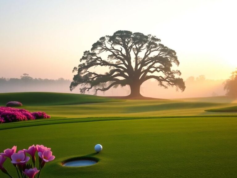 Flick International A serene dawn over Augusta National golf course showcasing vibrant azaleas and a solitary golf ball on the putting green