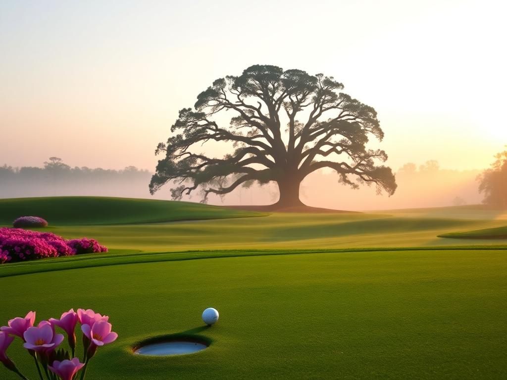 Flick International A serene dawn over Augusta National golf course showcasing vibrant azaleas and a solitary golf ball on the putting green