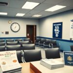 Flick International Interior view of a modern DMV office with empty waiting chairs and a clock showing the time before the REAL ID deadline