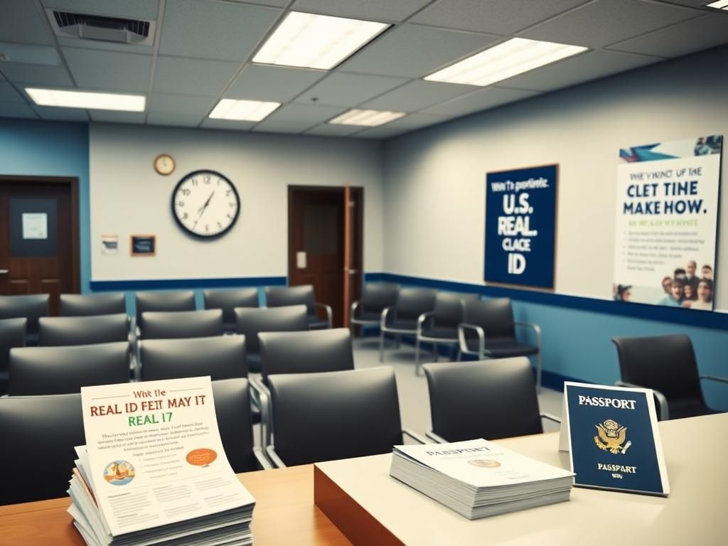 Flick International Interior view of a modern DMV office with empty waiting chairs and a clock showing the time before the REAL ID deadline