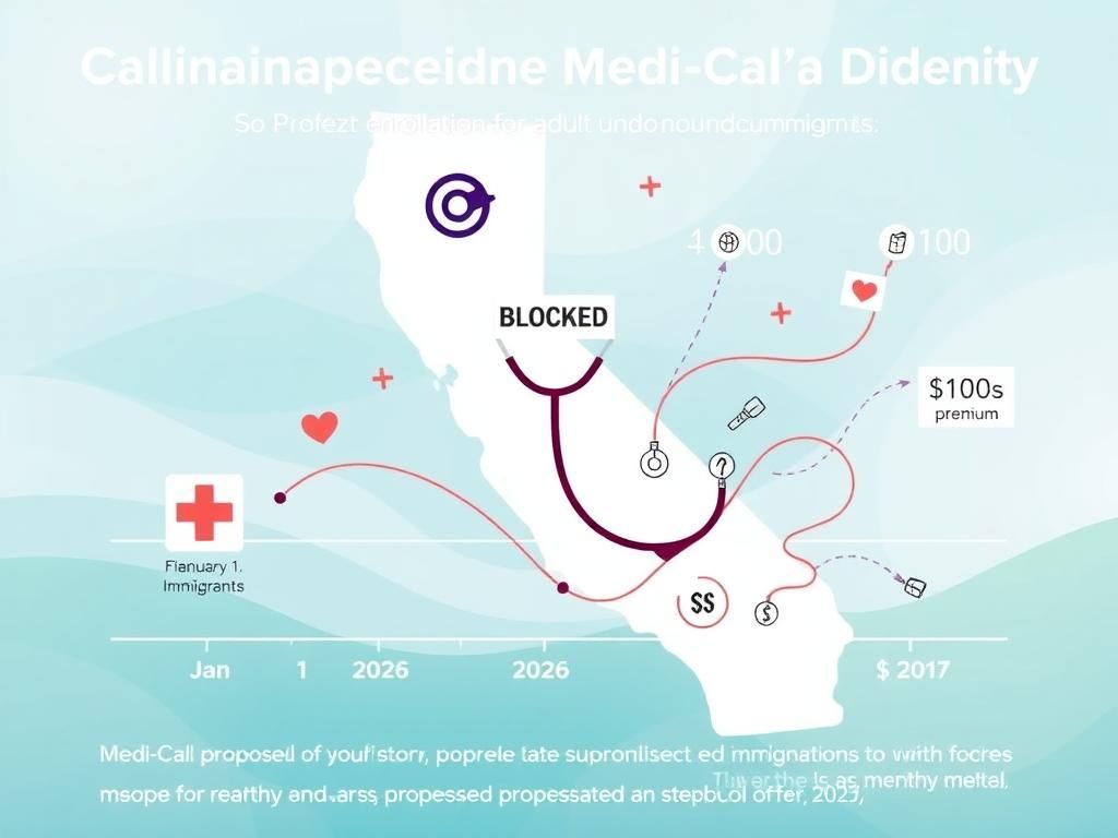 Flick International Conceptual infographic illustrating California's Medi-Cal enrollment freeze proposal for adult undocumented immigrants