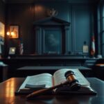 Flick International Dimly lit courtroom interior with an empty judge's bench symbolizing legal struggles.