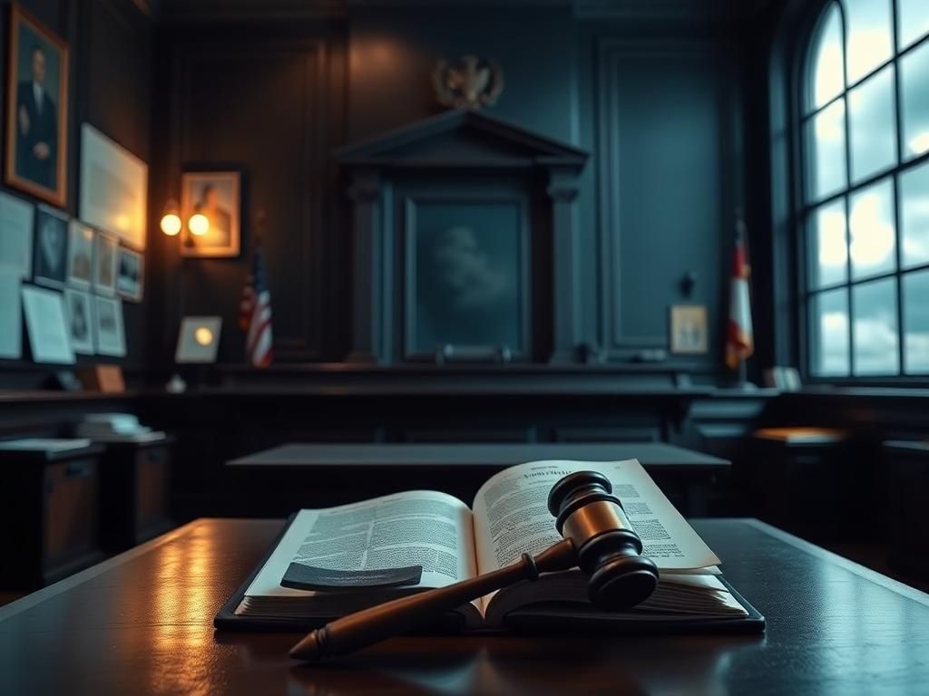 Flick International Dimly lit courtroom interior with an empty judge's bench symbolizing legal struggles.